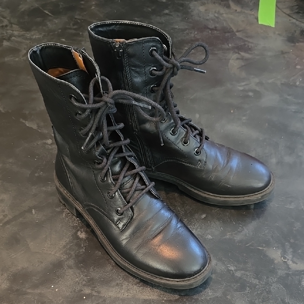 Zara Black Leather Combat Boots 36
